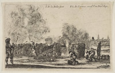 Plade 6: batteri af kanoner, der skyder mod en by, fra Various Military Caprices Varii ..., ca. 1641. af Stefano della Bella