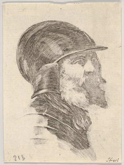 Plade 6: hovedet af en gammel skægget soldat med hjelm vendt mod højre, fra Various heads..., 1650. af Stefano della Bella