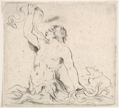 Plade 7: en triton i vandet, vender mod venstre, holder en ål op i højre hånd og t..., ca. 1646. af Stefano della Bella