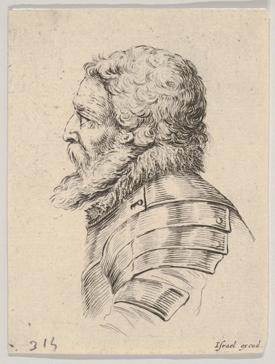 Plade 7: buste af en skægget soldat iført rustning, vendt mod venstre i profil, fra Various he..., 1650. af Stefano della Bella