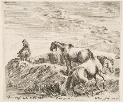 Plade 7: to heste, der stiger op ad bredden af en flod til højre, følger en procession ..., ca. 1644-47. af Stefano della Bella