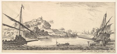 Plade 8: En stævn af en kabys til venstre og en anden kabys til højre, set bagfra..., ca. 1641. af Stefano della Bella