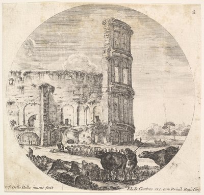 Plade 8: Colosseum, to flokke bliver rettet mod amfiteatret i fo..., ca. 1643-48. af Stefano della Bella