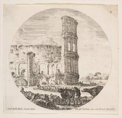 Plade 8: Colosseum, to flokke bliver rettet mod amfiteatret i foreg..., ca. 1646. af Stefano della Bella