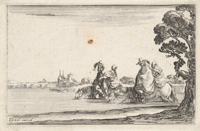 Plade 8: to ryttere i hatte til højre, hver med en kvinde siddende bag sig, ridende t..., ca. 1642. af Stefano della Bella