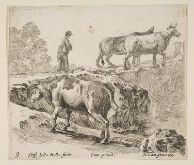 Plade 9: en ko, der går op ad en bank, en bondekone fører to køer over en bro i..., ca. 1644-47. af Stefano della Bella
