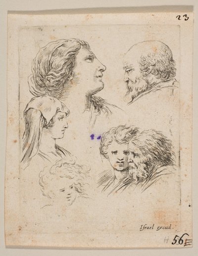 Plade 9: fem hoveder, to unge kvinder til venstre, en skægget mand øverst til højre, en ung kvinde..., ca. 1649. af Stefano della Bella