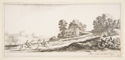 Plade 9: to ryttere til venstre galopperende op ad bakke mod højre, en hest og siddende m..., ca. 1641. af Stefano della Bella