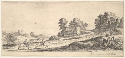 Plade 9: to ryttere til venstre galopperende op ad bakke mod højre, en hest og siddende m..., ca. 1641. af Stefano della Bella