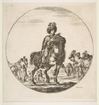 Polsk rytter mod højre, en cirkulær komposition, fra Figures on Horseback Cav..., ca. 1651. af Stefano della Bella
