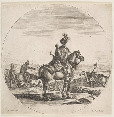 Polsk rytter med bue og pil, set bagfra med hesten mod højre, en ..., ca. 1651. af Stefano della Bella