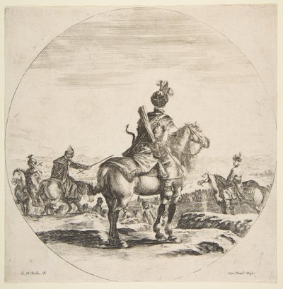 Polsk rytter med bue og pil, set bagfra med hesten mod højre, en ..., ca. 1651. af Stefano della Bella