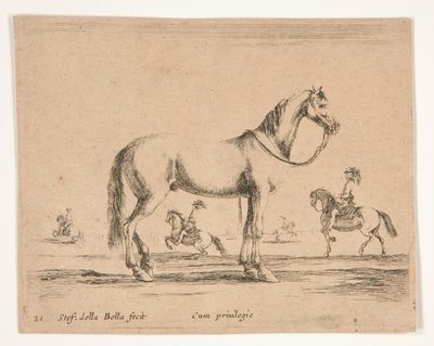 Rytterløs hest med ryttere, der dyrker dressur i baggrunden af Stefano della Bella