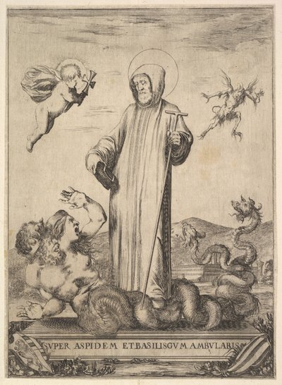 Saint Jean Gualbert tramper et monster med to menneskehoveder og en slangekrop, en flue..., 1640. af Stefano della Bella