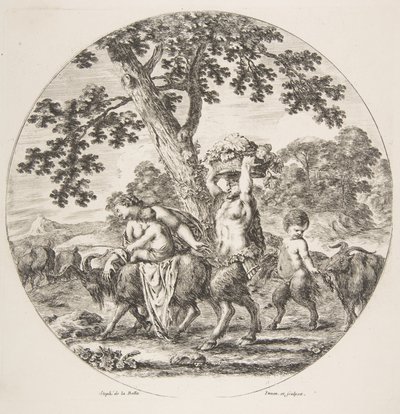 Satyrfamilien går mod venstre med to geder og en kurv med druer, ca. 1657. af Stefano della Bella