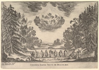 Anden scene, i Dianas skov, fra gudernes ægteskab Le nozze degli Dei, 1637. af Stefano della Bella