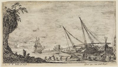 Havlandskaber (Paysages maritimes): Havn med søfolk og arbejdere, der transporterer tømmerstammer af Stefano della Bella