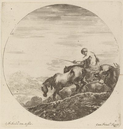 Hyrde på en hest, der driver en flok forskellige dyr af Stefano della Bella