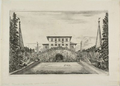 Sydfacade af villaen og den store eng, fra udsigt over Villa Pratolino af Stefano della Bella