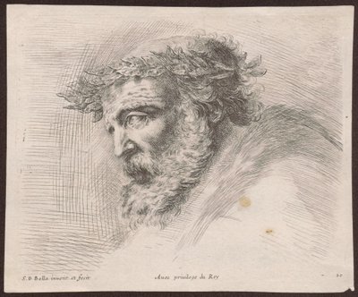 Studie af hovedet af en skægget gammel mand med laurbærkrans, i profil, vendt mod venstre, fra serien Principii del disegno af Stefano della Bella
