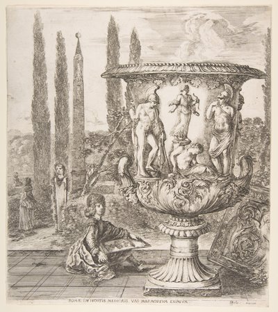 Medici-vasen, en stor vase til højre dekoreret med en repræsentation af ofringen af..., 1656. af Stefano della Bella