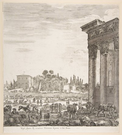 Søjlerne i Antoninus-templet til højre, en del af Campo Vaccino i midten og..., 1656. af Stefano della Bella