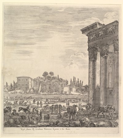 Søjlerne i Antoninus-templet til højre, en del af Campo Vaccino i midten og..., 1656. af Stefano della Bella