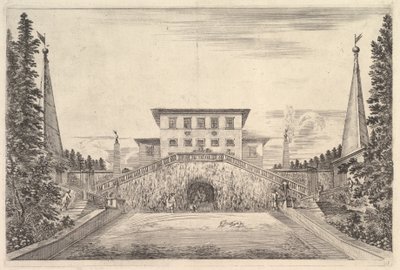 Villaen i midten flankeret af fire obelisker, en trappe til hver side, en statue i ..., ca. 1653. af Stefano della Bella