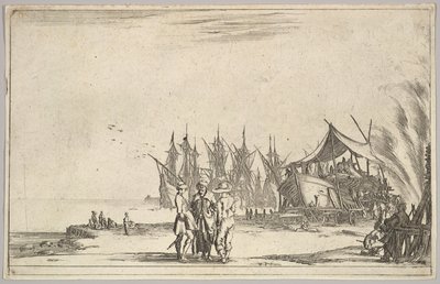 Tre mænd iført hatte stående i midten, mænd, der fikserer et skib til højre, fem skibe og vari..., 1639. af Stefano della Bella