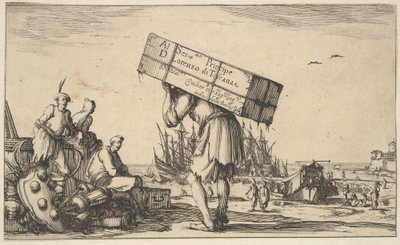 Titelside: en mand med en sag på ryggen i midten, tre mænd kigger mod ham den ..., 1639. af Stefano della Bella