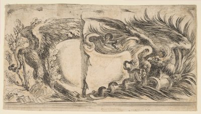 To forskellige halvdele af kartoucher, der hver viser en ørn, der kæmper mod en slange, 1646. af Stefano della Bella
