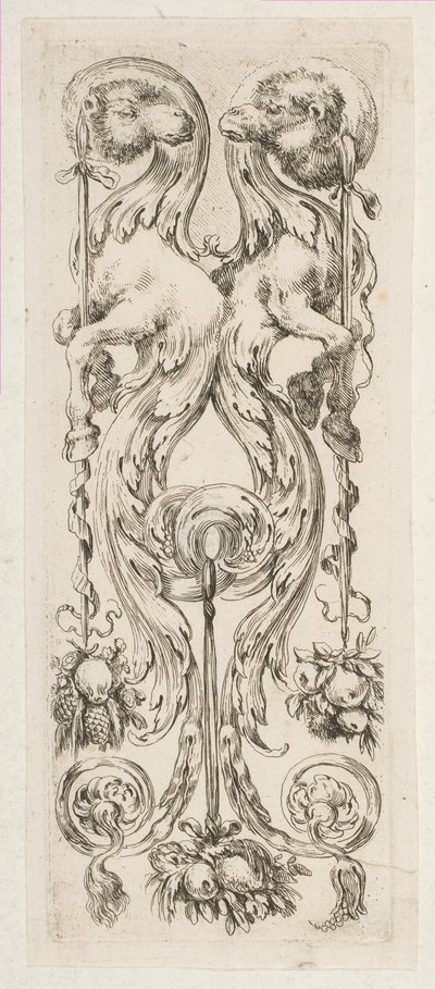 To modstående kamelhoveder med kroppe, der afsluttes i ornament, ca. 1653. af Stefano della Bella