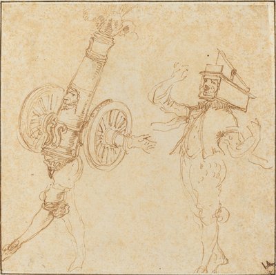 To mænd i maskeradekostumer: En kanonaffyring og en kat inde i en musefælde, ca. 1645. af Stefano della Bella