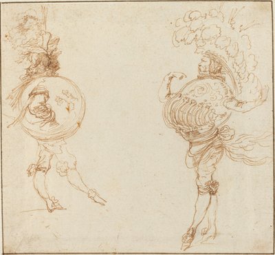 To mænd i maskeradekostumer: Jorden og en paradehjelm, ca. 1645. af Stefano della Bella
