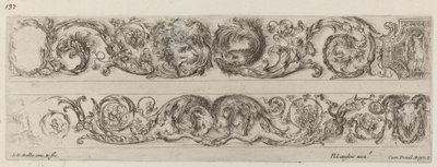 To dekorative bånd med modstående hoveder af løve og ørn og to væddere, sandsynligvis 1648. af Stefano della Bella