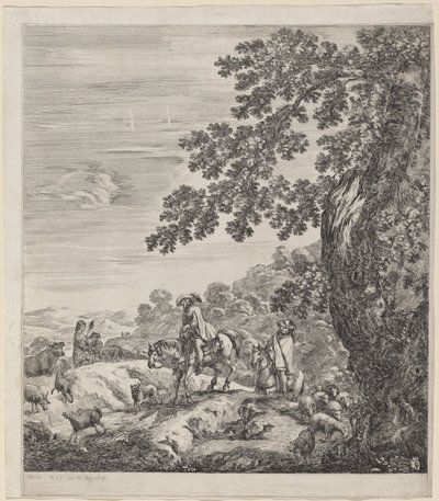 To ryttere passerer i nærheden af en flok dyr af Stefano della Bella