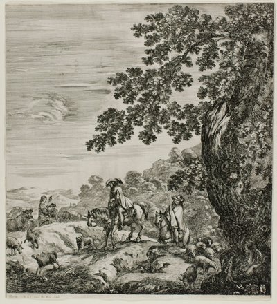 To ryttere passerer en flok, tallerken fem fra De seks store udsigter over Rom og Campagna af Stefano della Bella