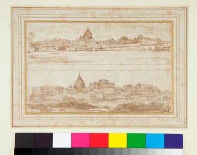 To udsigter over Rom med Vatikanet (pen og brunt blæk og brun vask) af Stefano della Bella