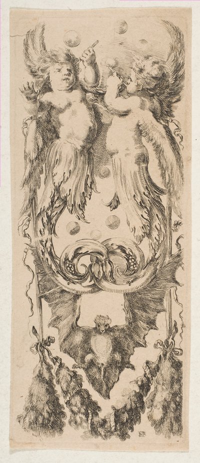 To bevingede børn med kroppe, der bliver til ornament, blæsende bobler, ca. 1653. af Stefano della Bella