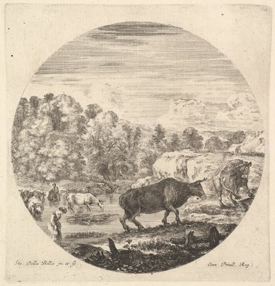 To køer i midten, efterfulgt af to bondekvinder og andre køer i floden til..., ca. 1643-48. af Stefano della Bella