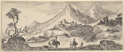 To ryttere går ned af en bakke i midten, efter en anden mand til fods, et slot i ..., ca. 1641. af Stefano della Bella