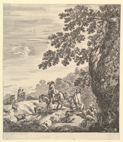 To ryttere passerer en flok, ridende mod venstre, en bondekone og en ung dreng til..., ca. 1656. af Stefano della Bella