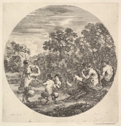 To satyrer og en faun siddende til højre og ser to barnesatyrer og en anden satyr med..., ca. 1643-48. af Stefano della Bella