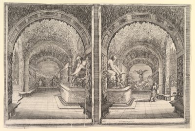 To udsigter til en grotte, begge udsigter med et springvand med en siddende statue, set fra ..., ca. 1653. af Stefano della Bella