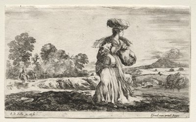 Forskellige figurer og landskaber: Bondekvinde, der bærer en kurv på hovedet af Stefano della Bella
