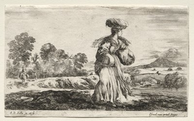 Forskellige figurer og landskaber: Bondekvinde, der bærer en kurv på hovedet, 1649. af Stefano della Bella