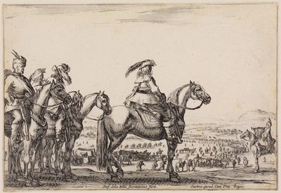 Forskellige figurer (Varie figure): Hæren på march i sletten. På højderyggen i forgrunden ses kommandanten og hans ledsagere, til højre en trompetist af Stefano della Bella