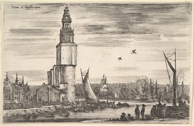 Udsigt over Amsterdam Vue dAmsterdam, et tårn og huse til venstre, mænd stående på molen ..., 1647. af Stefano della Bella
