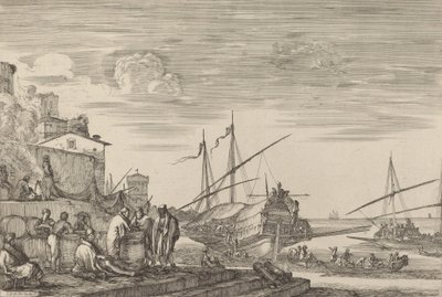 Udsigt over flere huse ud mod havnen, sandsynligvis ca. 16541655. af Stefano della Bella
