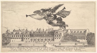 Udsigt over Palais Cardinal, berømmelsesfiguren øverst i midten, der flyver mod venstre a..., 1649-51. af Stefano della Bella